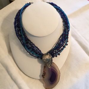 9 Strand Statement  Necklace W/ Large Rock Pendant